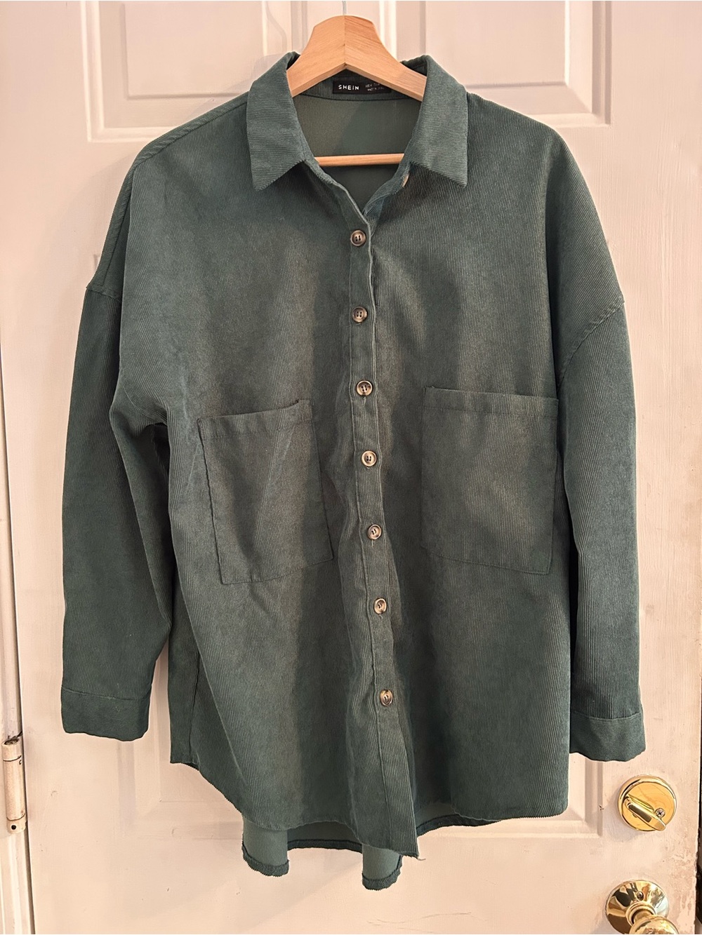SHEIN Oversized Lightweight Forest Green Button-Up Overshirt with Patch Pockets